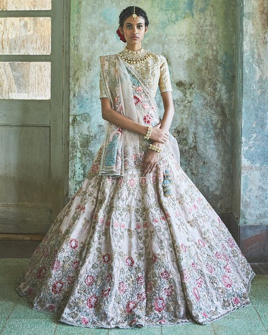 Designer heavy embroidered white germansilk bridal lehenga