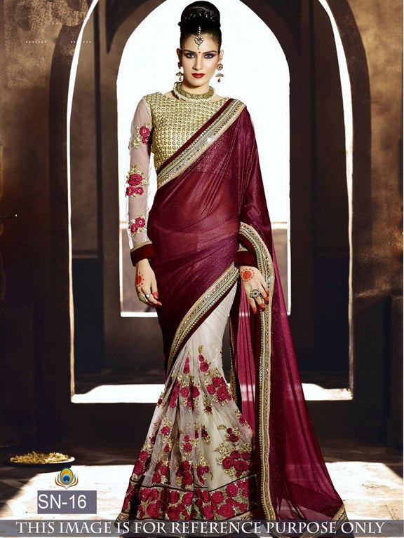 Designer heavy embroidered wine colour wedding saree