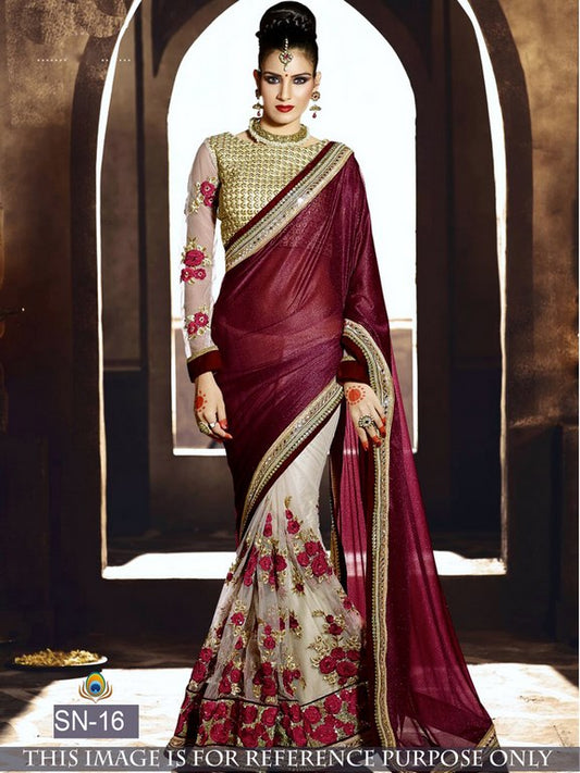 Designer heavy embroidered wine colour wedding saree