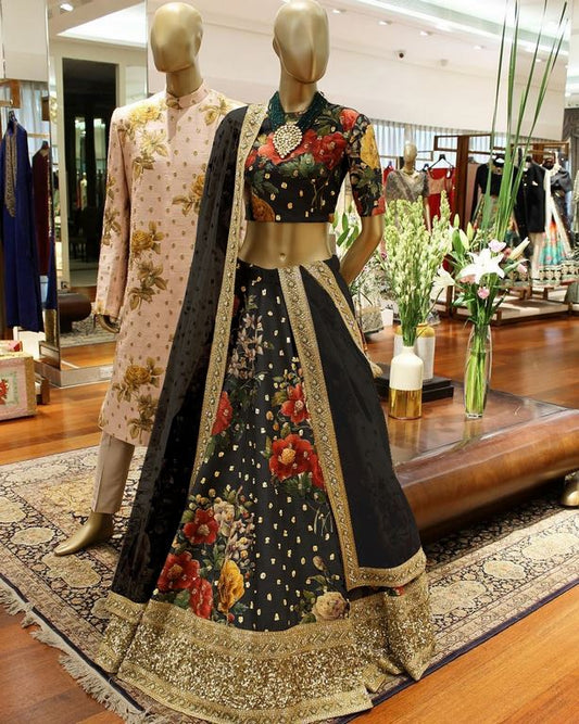 Designer heavy flowerprint bridal black wedding lehenga