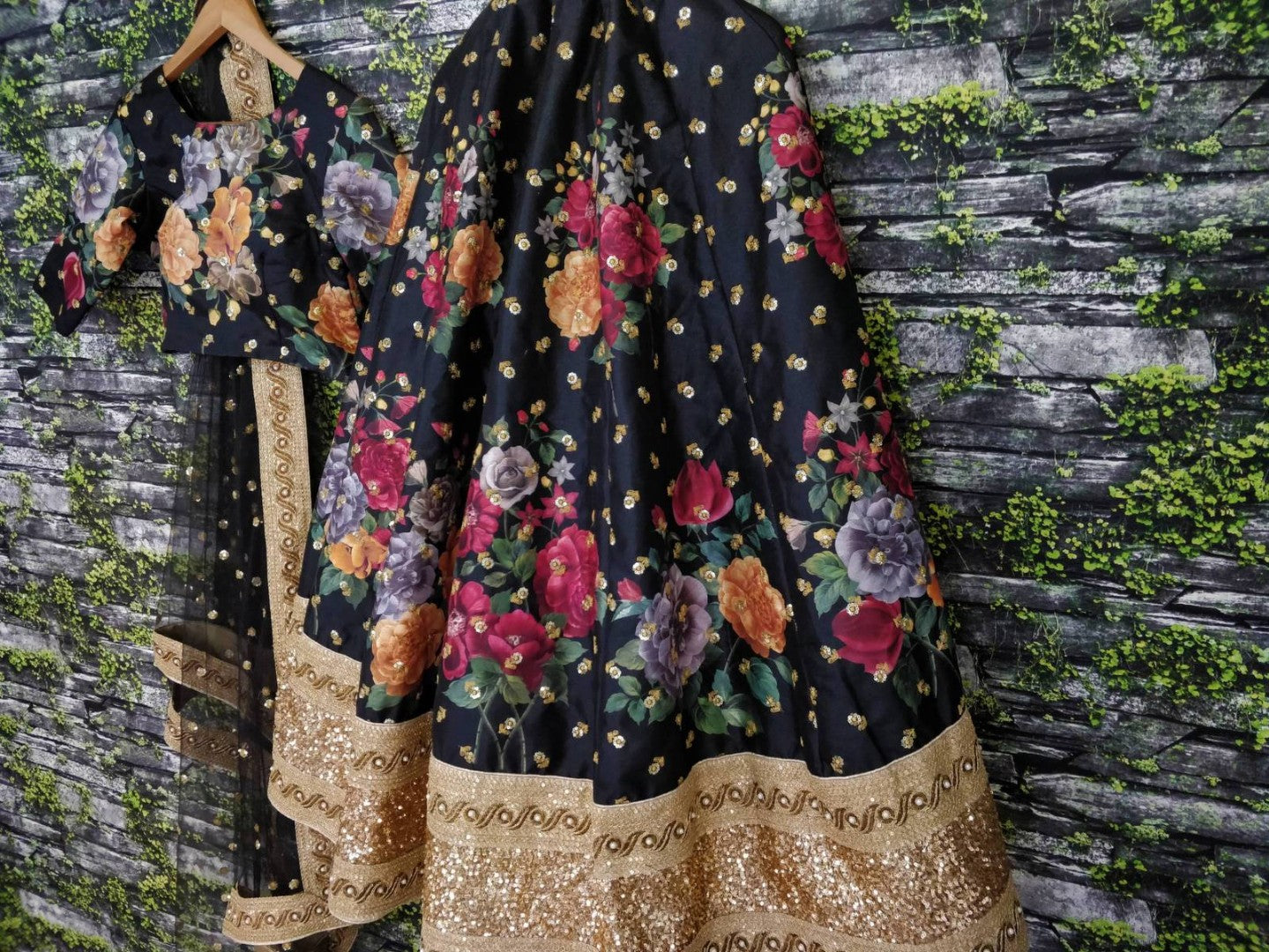 Designer heavy flowerprint bridal black wedding lehenga