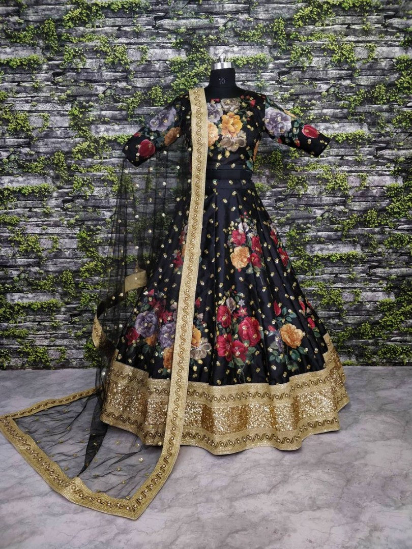 Designer heavy flowerprint bridal black wedding lehenga