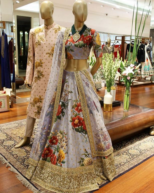 Designer heavy flowerprint bridal grey wedding lehenga