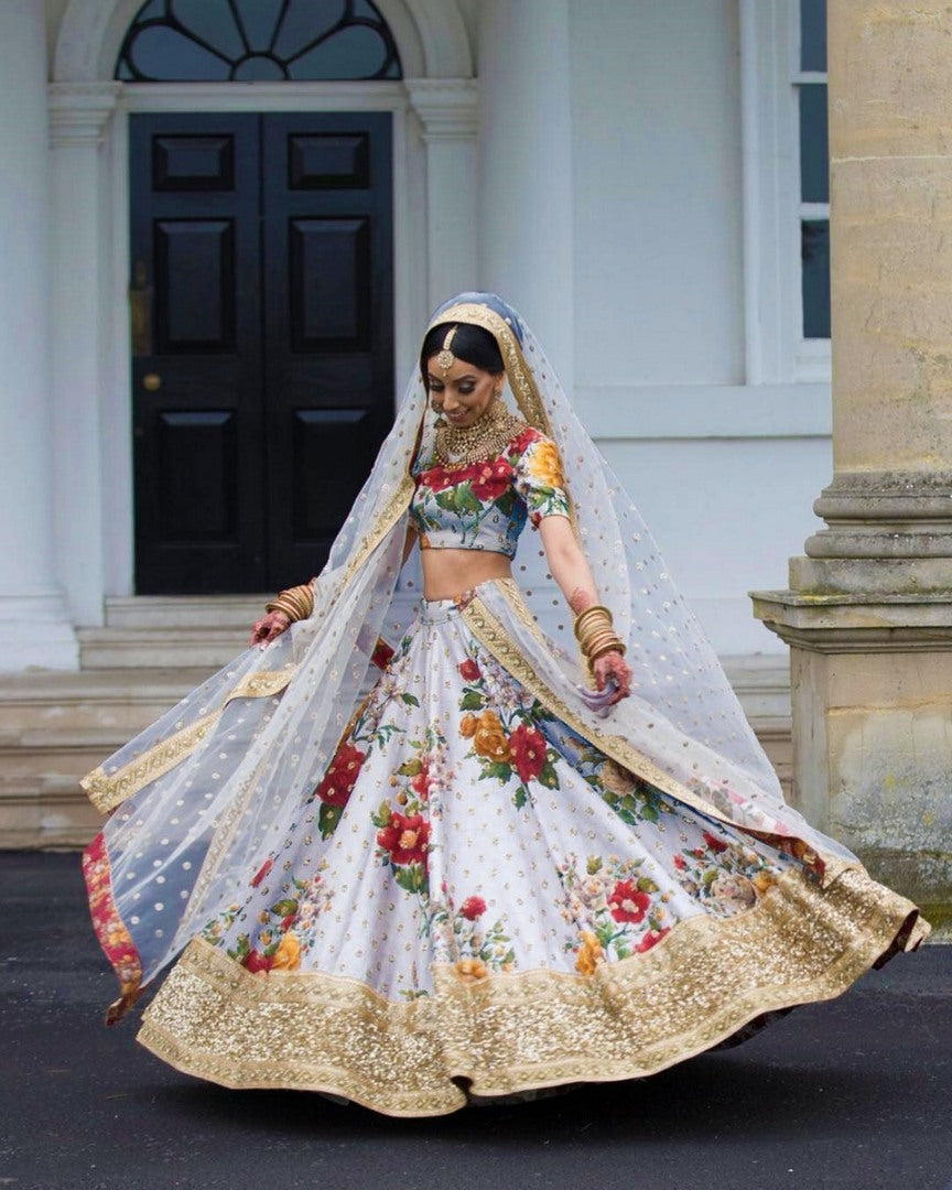 Designer heavy flowerprint bridal grey wedding lehenga
