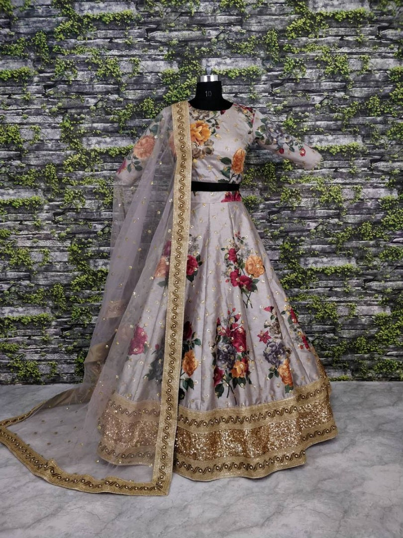 Designer heavy flowerprint bridal grey wedding lehenga