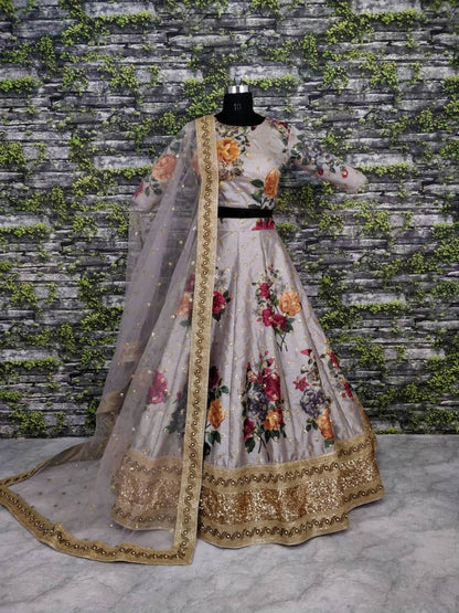 Designer heavy flowerprint bridal grey wedding lehenga