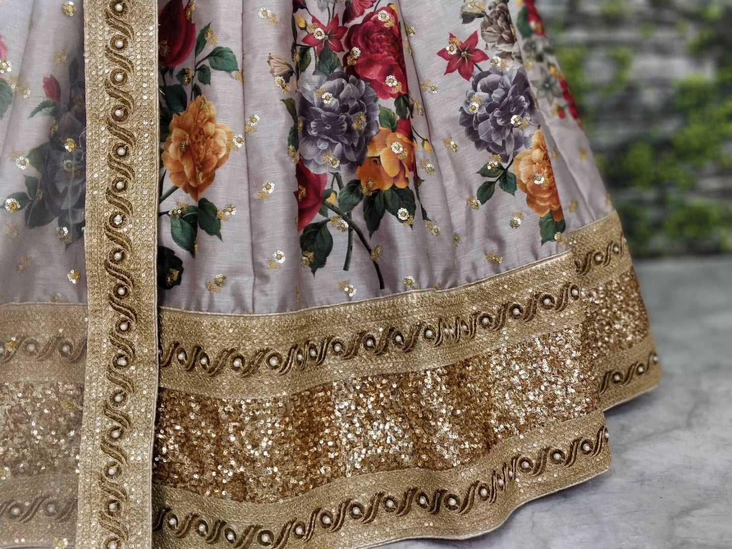 Designer heavy flowerprint bridal grey wedding lehenga