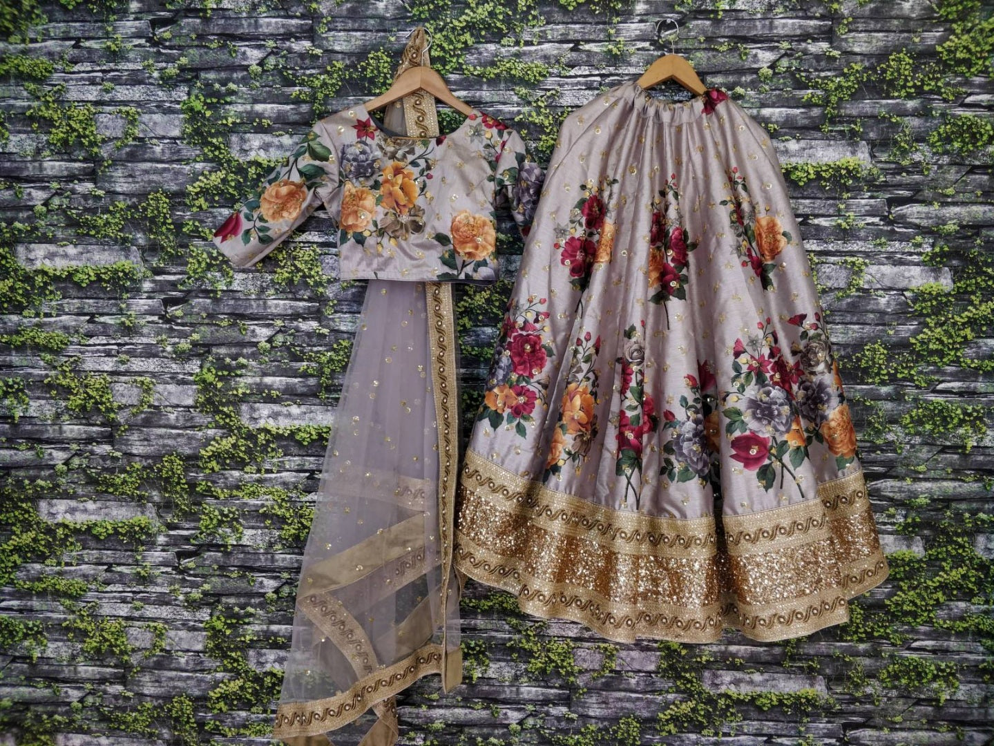 Designer heavy flowerprint bridal grey wedding lehenga