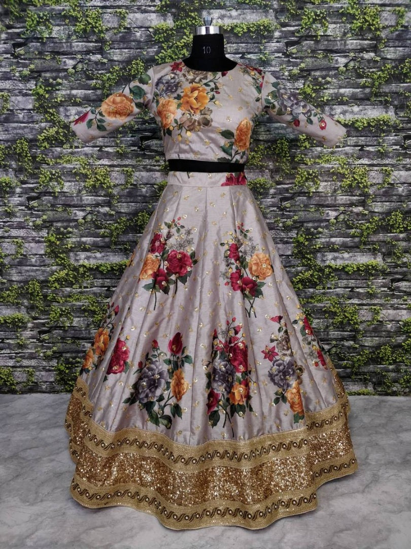 Designer heavy flowerprint bridal grey wedding lehenga