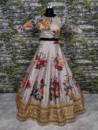 Designer heavy flowerprint bridal grey wedding lehenga