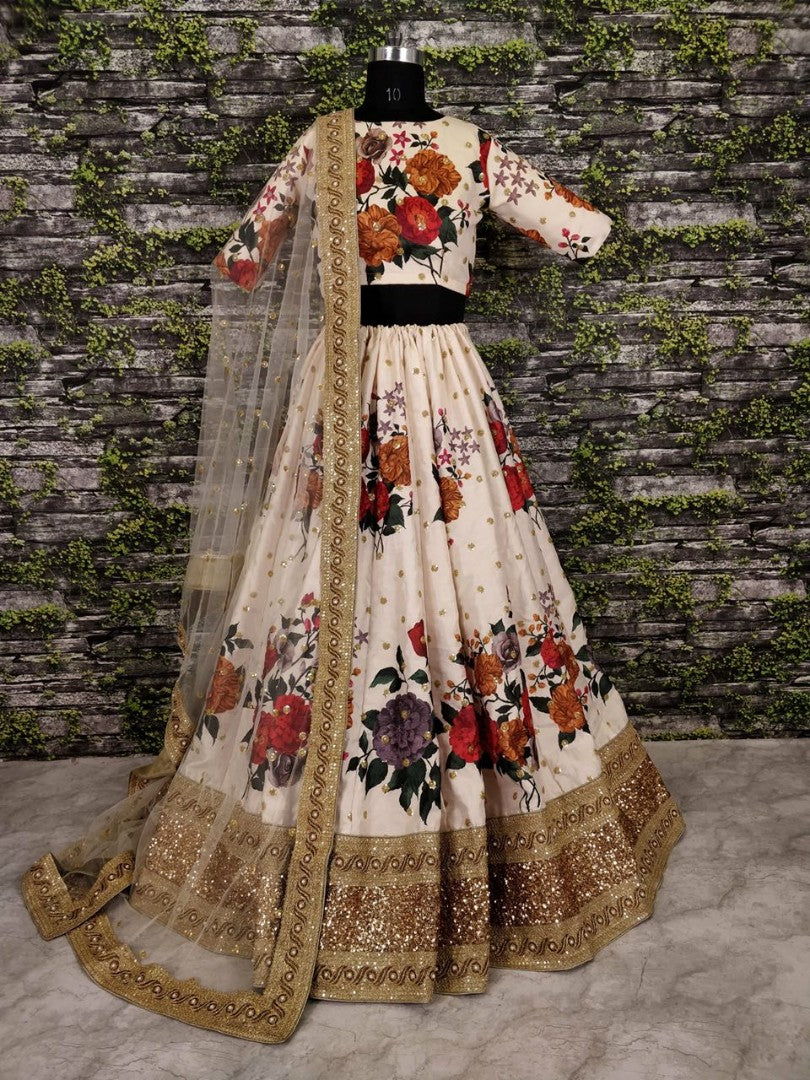 Designer heavy flowerprint bridal white wedding lehenga
