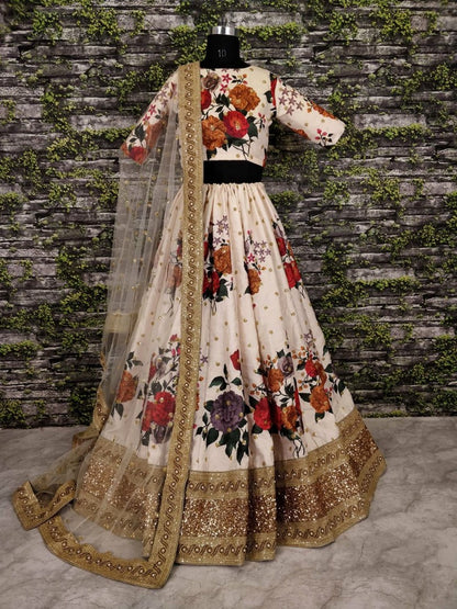 Designer heavy flowerprint bridal white wedding lehenga