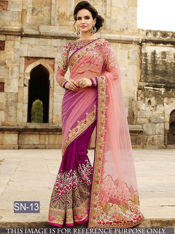 Designer heavy pink and purple embroidered saree