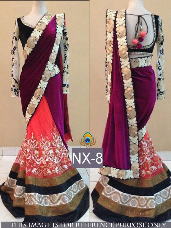 designer look purple and orange lehenga saree