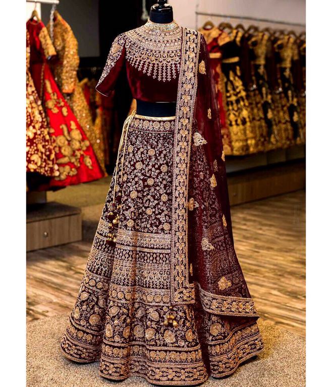 designer Maroon heavy embroidered Bridal lehenga