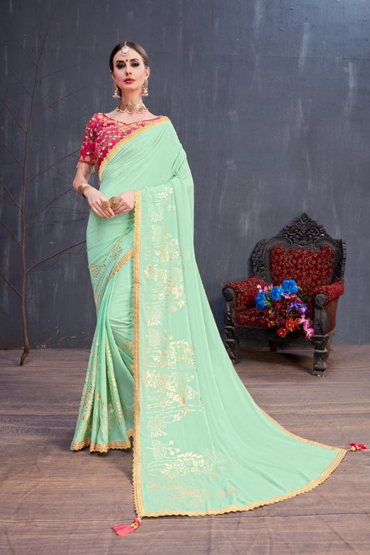 Designer mint green embroidered partywear saree