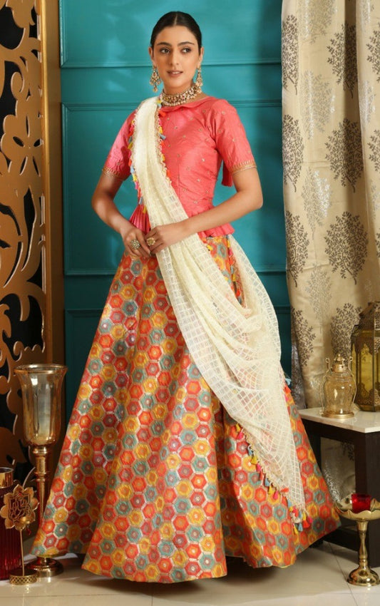 Designer multicolored jacquard ceremonial lehenga choli