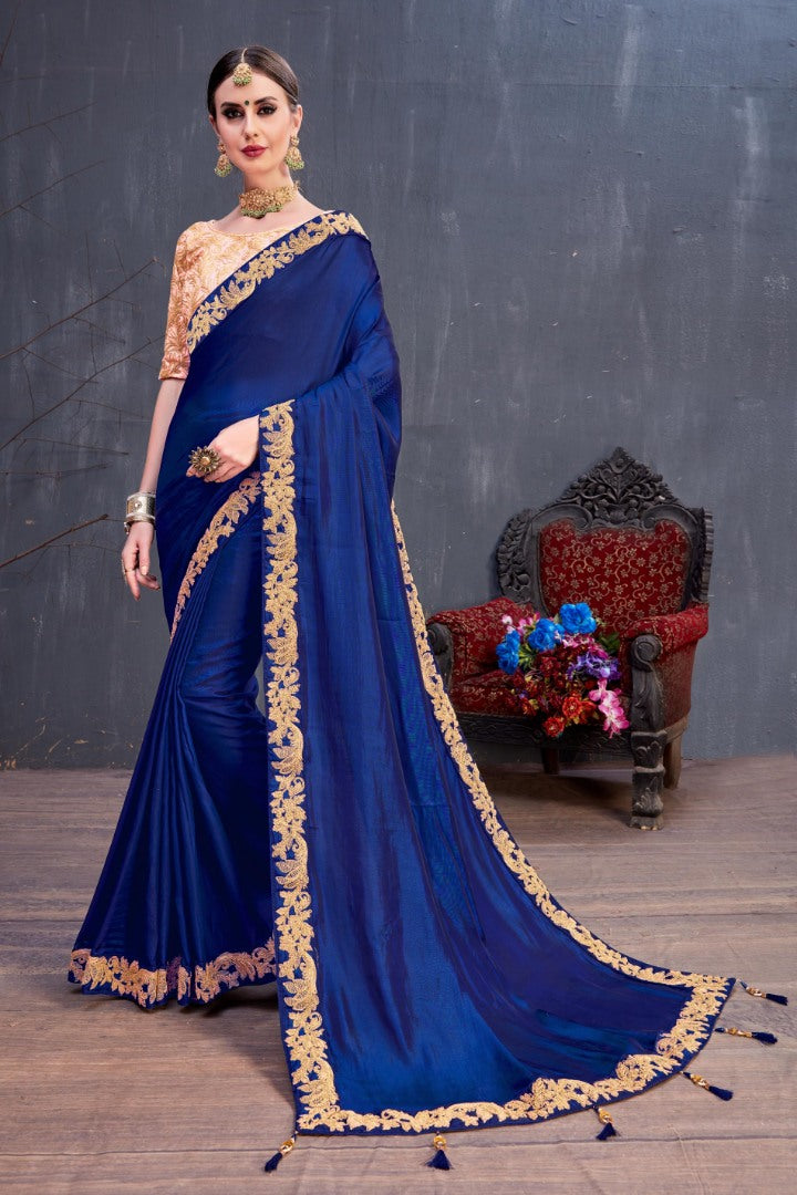 Designer navy blue embroidered partywear saree
