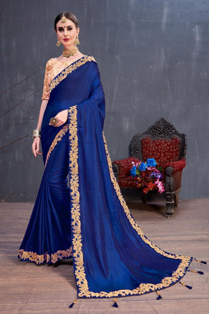 Designer navy blue embroidered partywear saree