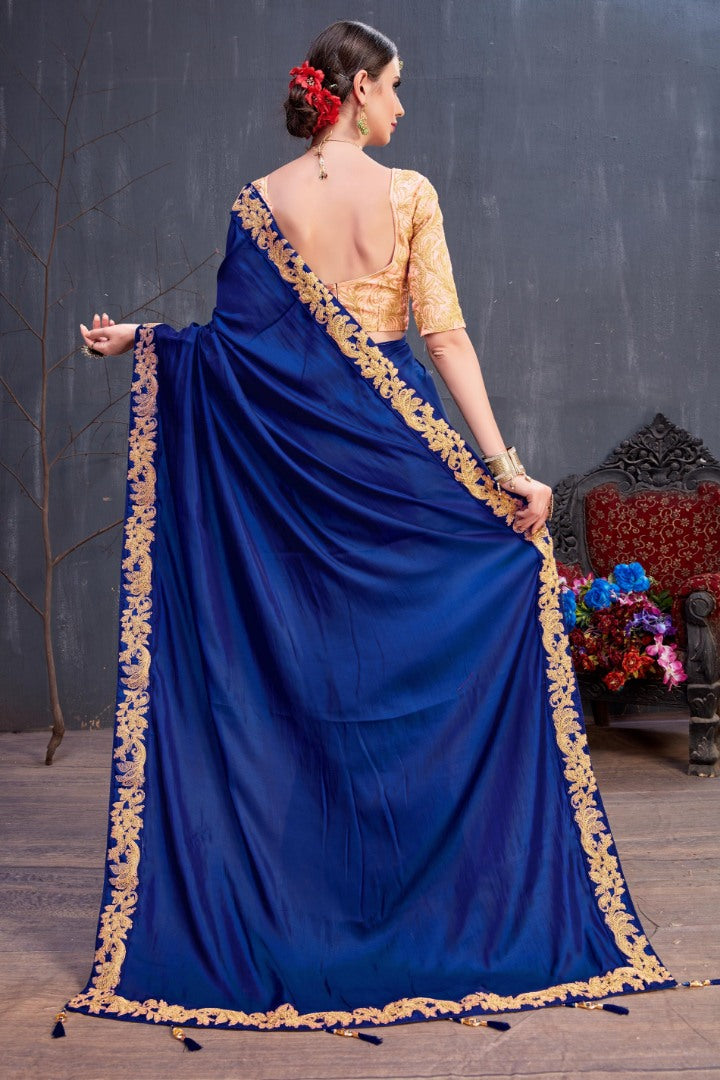 Designer navy blue embroidered partywear saree