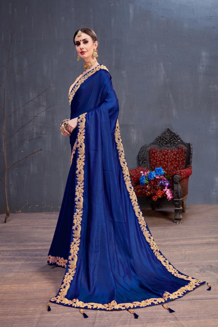 Designer navy blue embroidered partywear saree