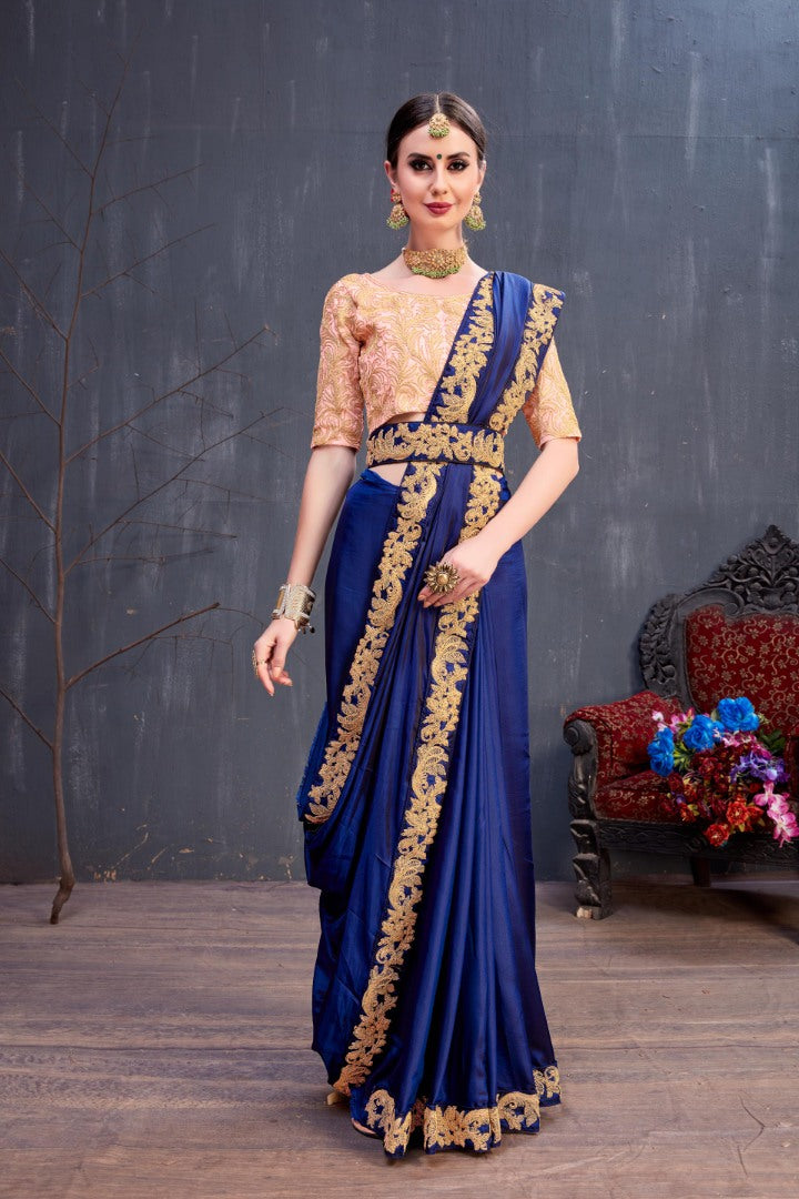 Designer navy blue embroidered partywear saree