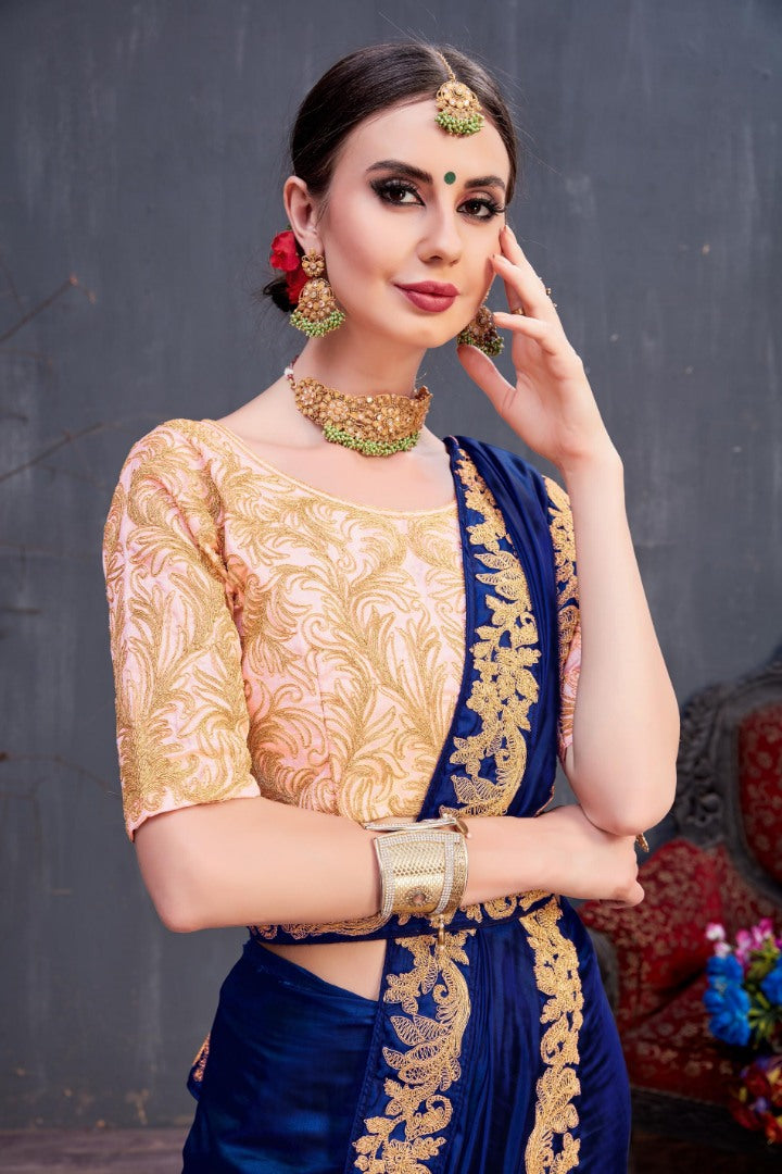 Designer navy blue embroidered partywear saree