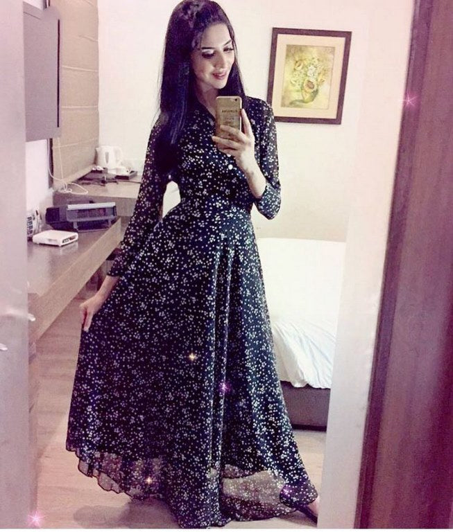 designer Navy blue printed Ceremonial Gown