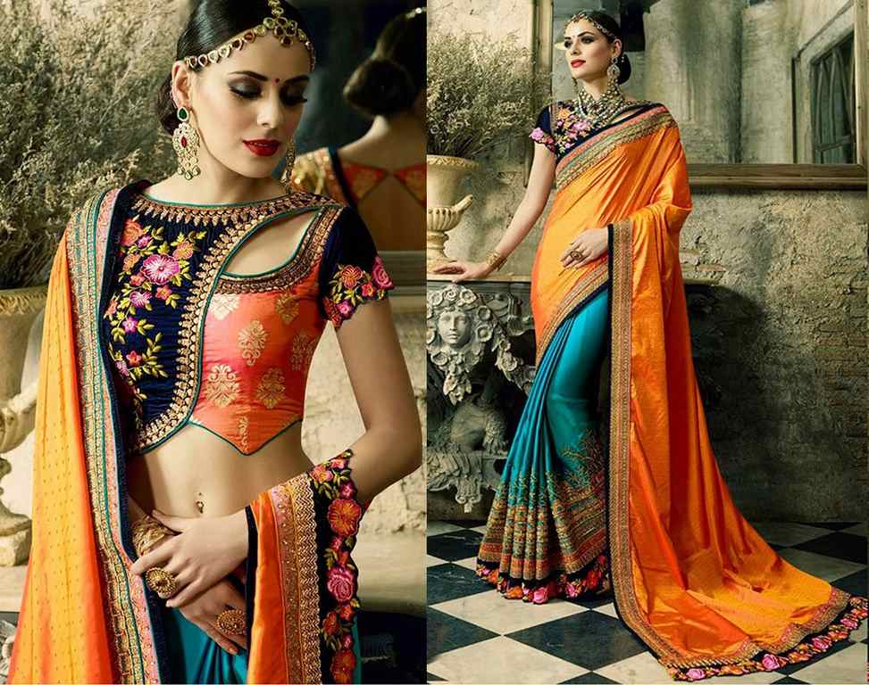 Designer orange and rama embroidered wedding saree