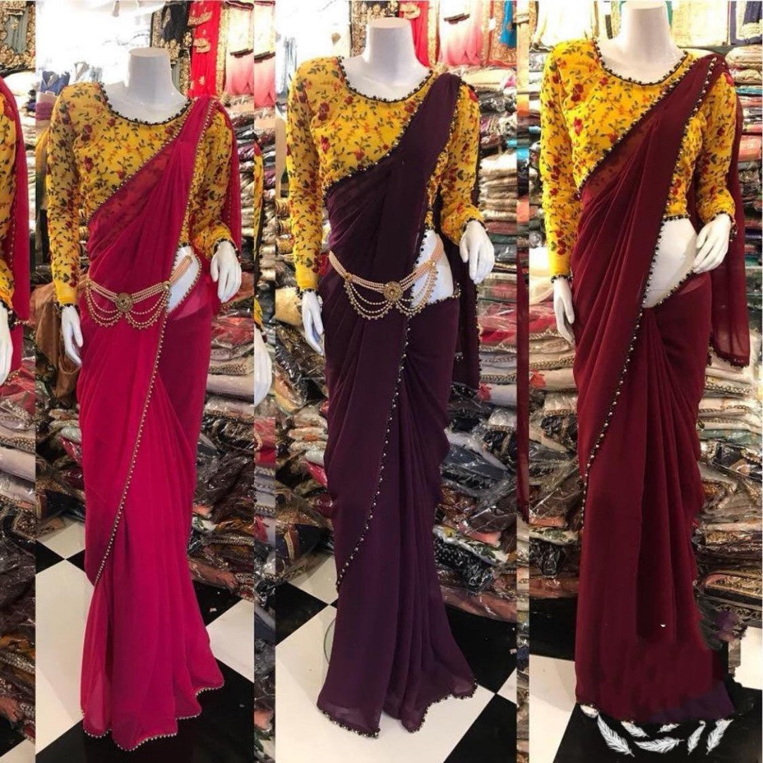 designer partywear saree with moti border and embroidered blouse