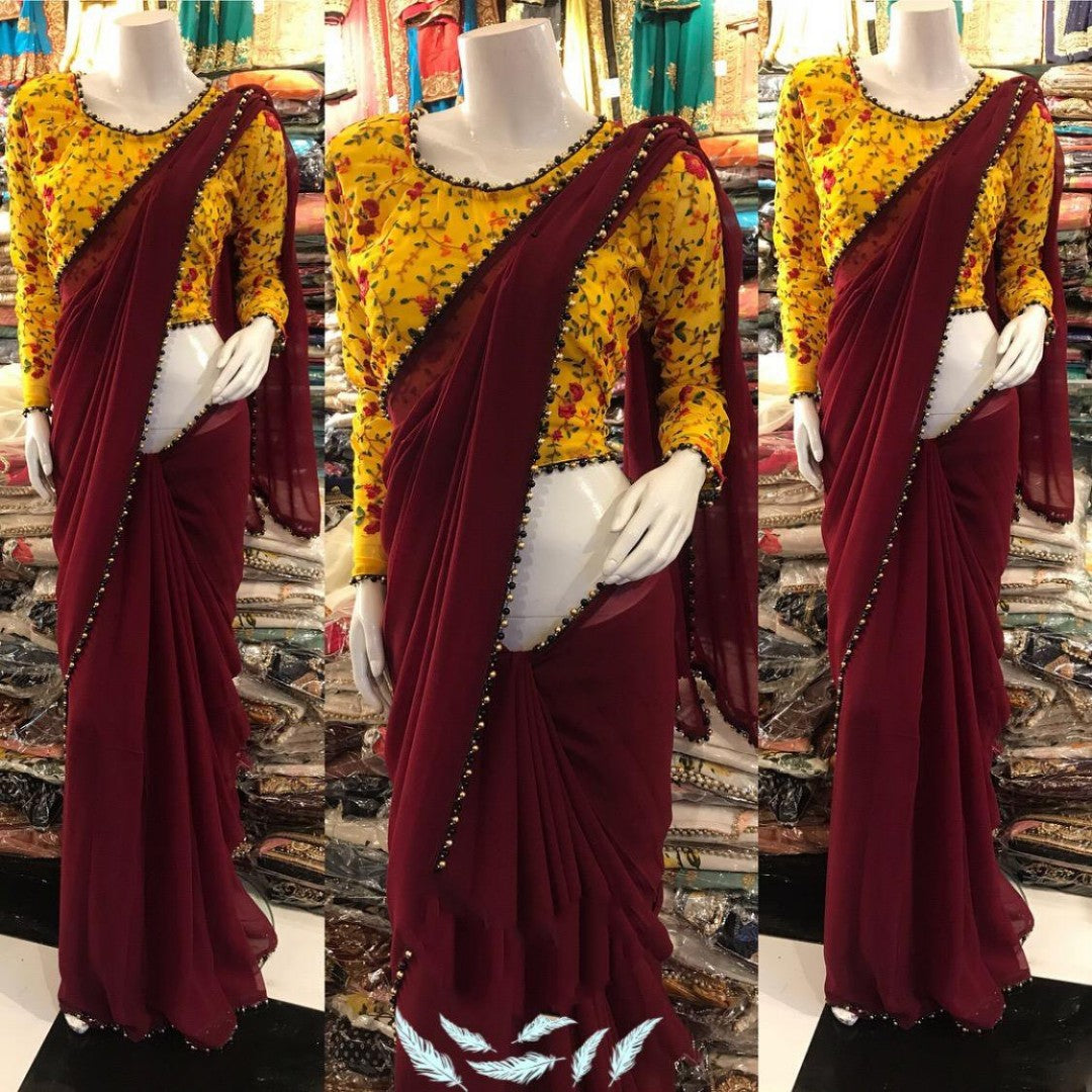 designer partywear saree with moti border and embroidered blouse