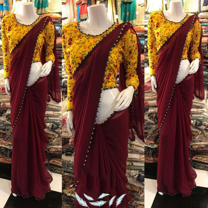 designer partywear saree with moti border and embroidered blouse