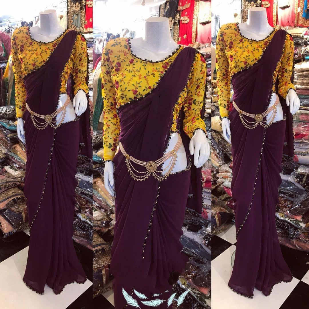 designer partywear saree with moti border and embroidered blouse