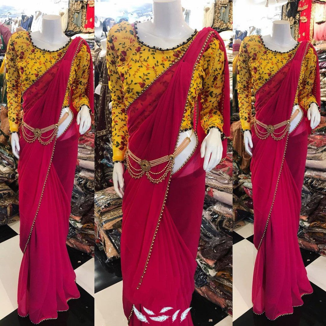 designer partywear saree with moti border and embroidered blouse