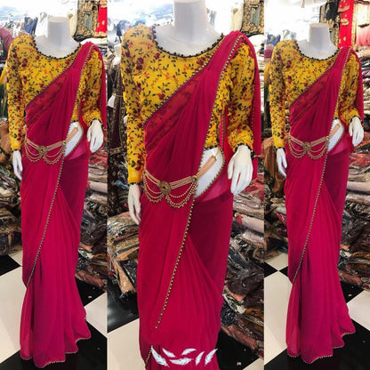 designer partywear saree with moti border and embroidered blouse