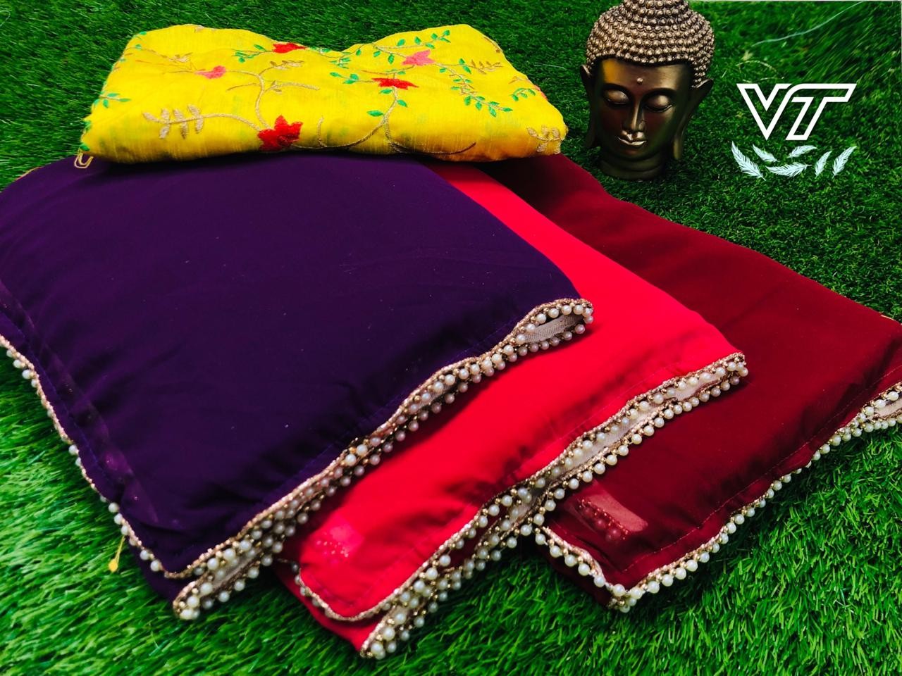 designer partywear saree with moti border and embroidered blouse