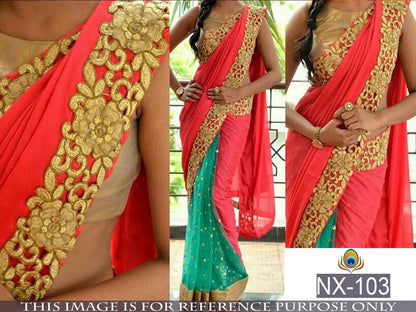 Designer peach and rama embroidered saree