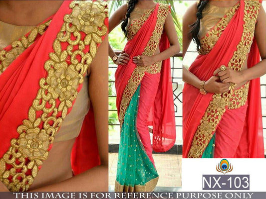 Designer peach and rama embroidered saree