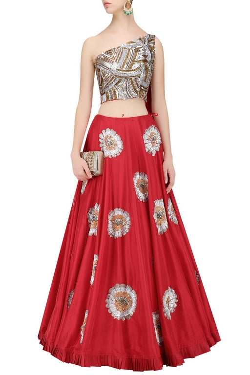 designer peach embroidered party wear lehenga