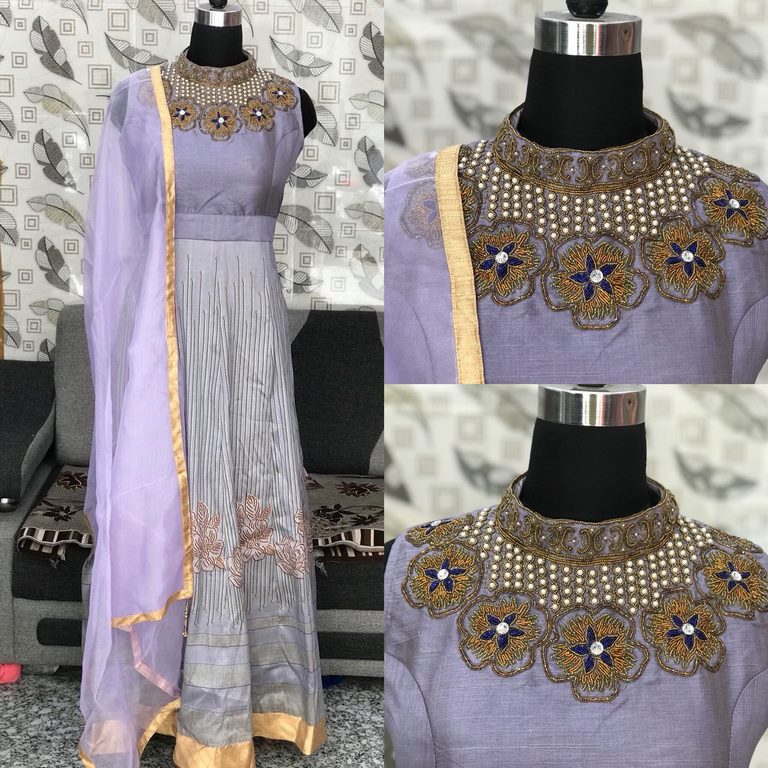 Designer phantom silk zardoshi and pearl hand work anarkali suit