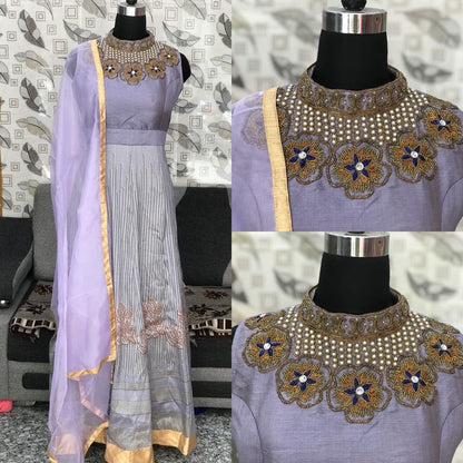 Designer phantom silk zardoshi and pearl hand work anarkali suit