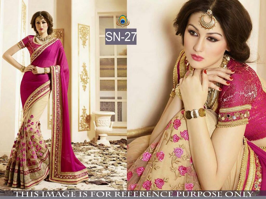 Designer pink embroidered half half wedding saree