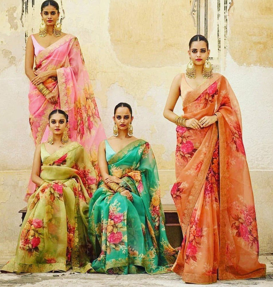 Designer printed organza silk ceremonial saree