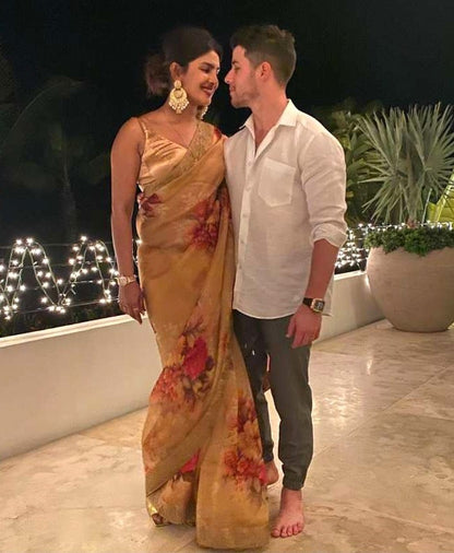 Designer printed organza silk ceremonial saree