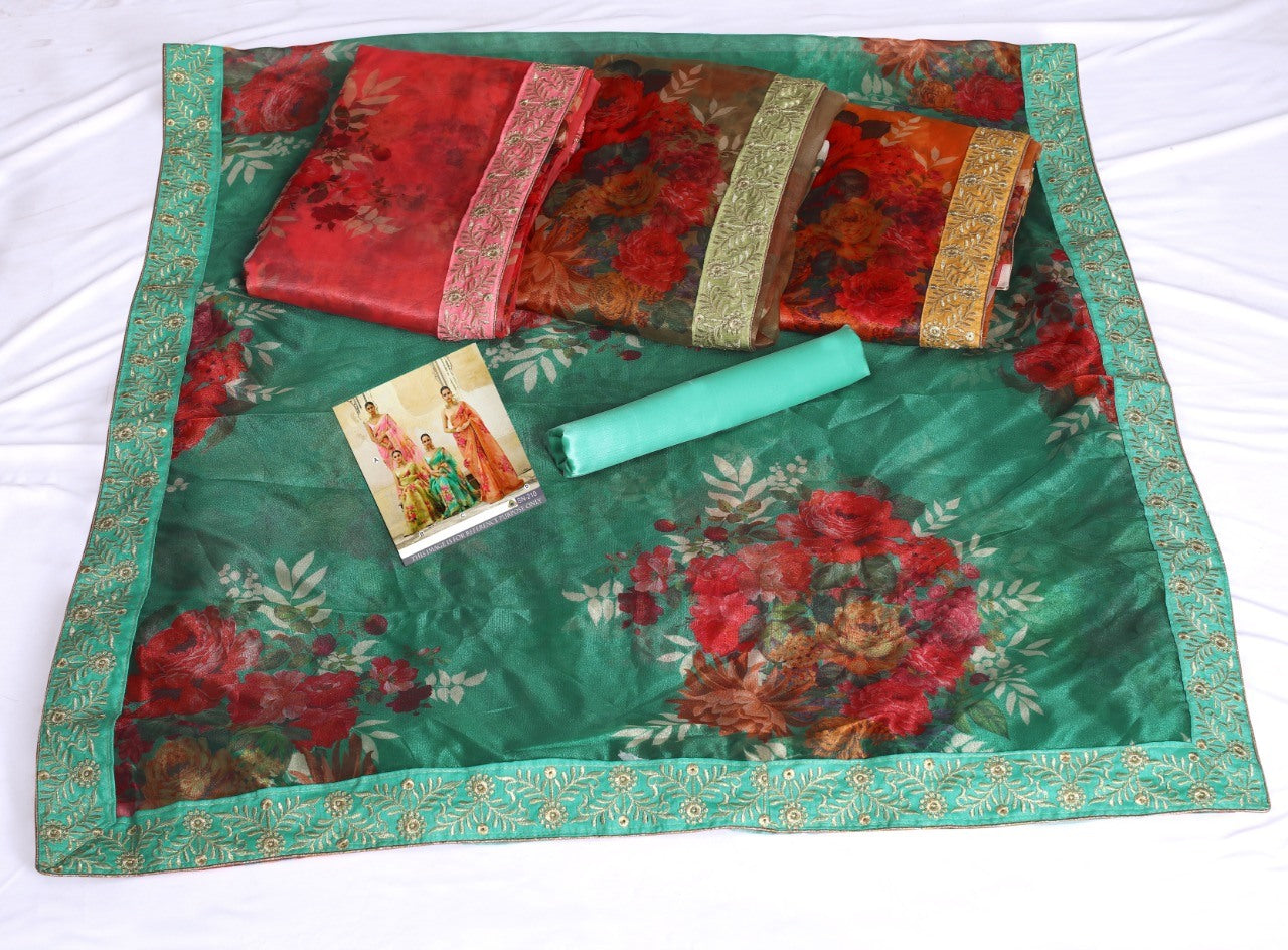 Designer printed organza silk ceremonial saree