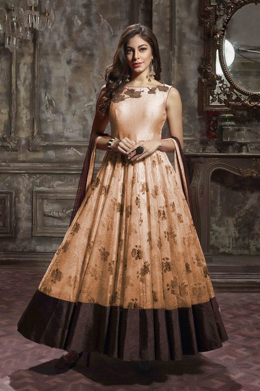 Designer printed peach thai silk and faux georgette wedding gown