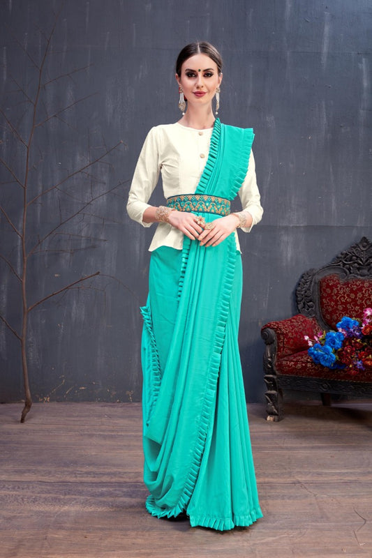 Designer Rama green plain stylist partywear saree