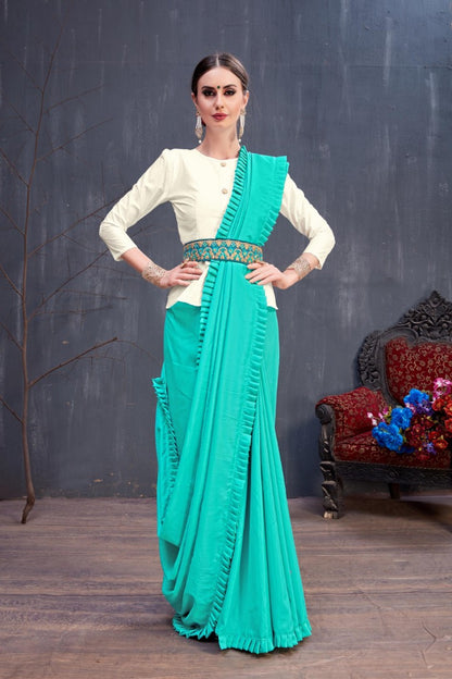 Designer Rama green plain stylist partywear saree