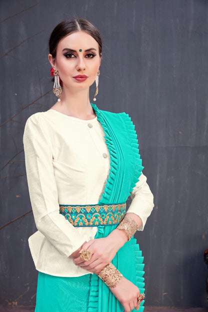 Designer Rama green plain stylist partywear saree