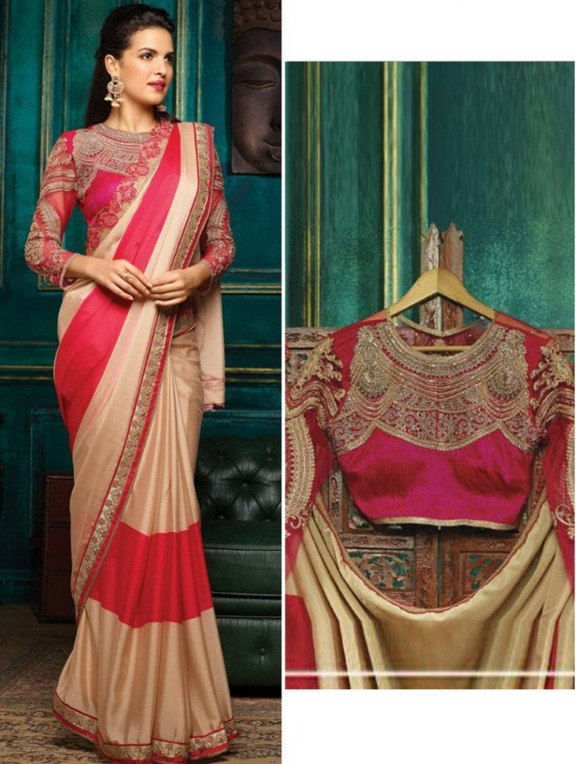designer red and cream imported silk embroidered wedding saree